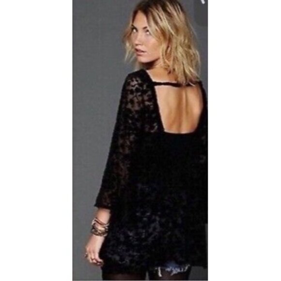 Gypsy Junkies x Free People Black Floral Lace & Velvet Bell Slv Tunic Mini Dress - Picture 9 of 13